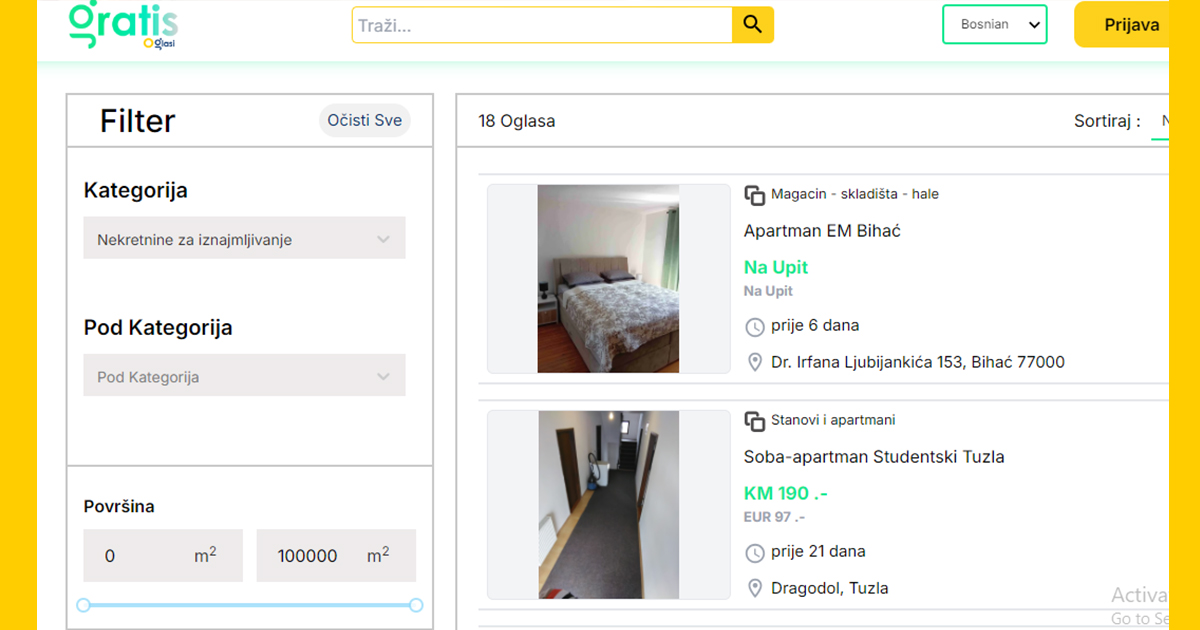 GratisOglasi.ba za izdavanje stanova sarajevo