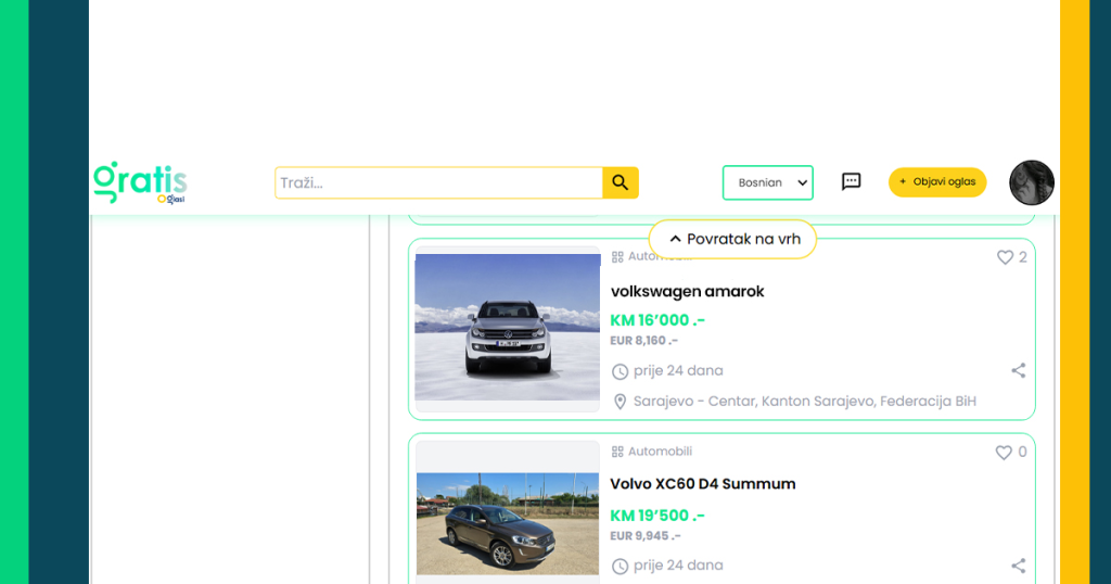 Prije odlaska kod dilera, provjerite ponude. Cijene se razlikuju između zvaničnih dilera, placeva rabljenih vozila i online oglasa. Pogledajte:

Oglase na GratisOglasi.ba.

Ponude u Sarajevu, Banjoj Luci i Mostaru.

Sezonske akcije i sajmove.